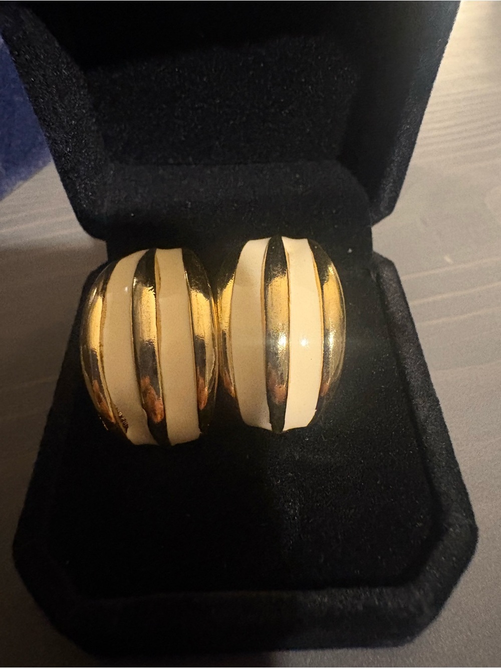 Vintage Gold colored and Cream enamel Striped Dome Earrings - Women Jewelry
